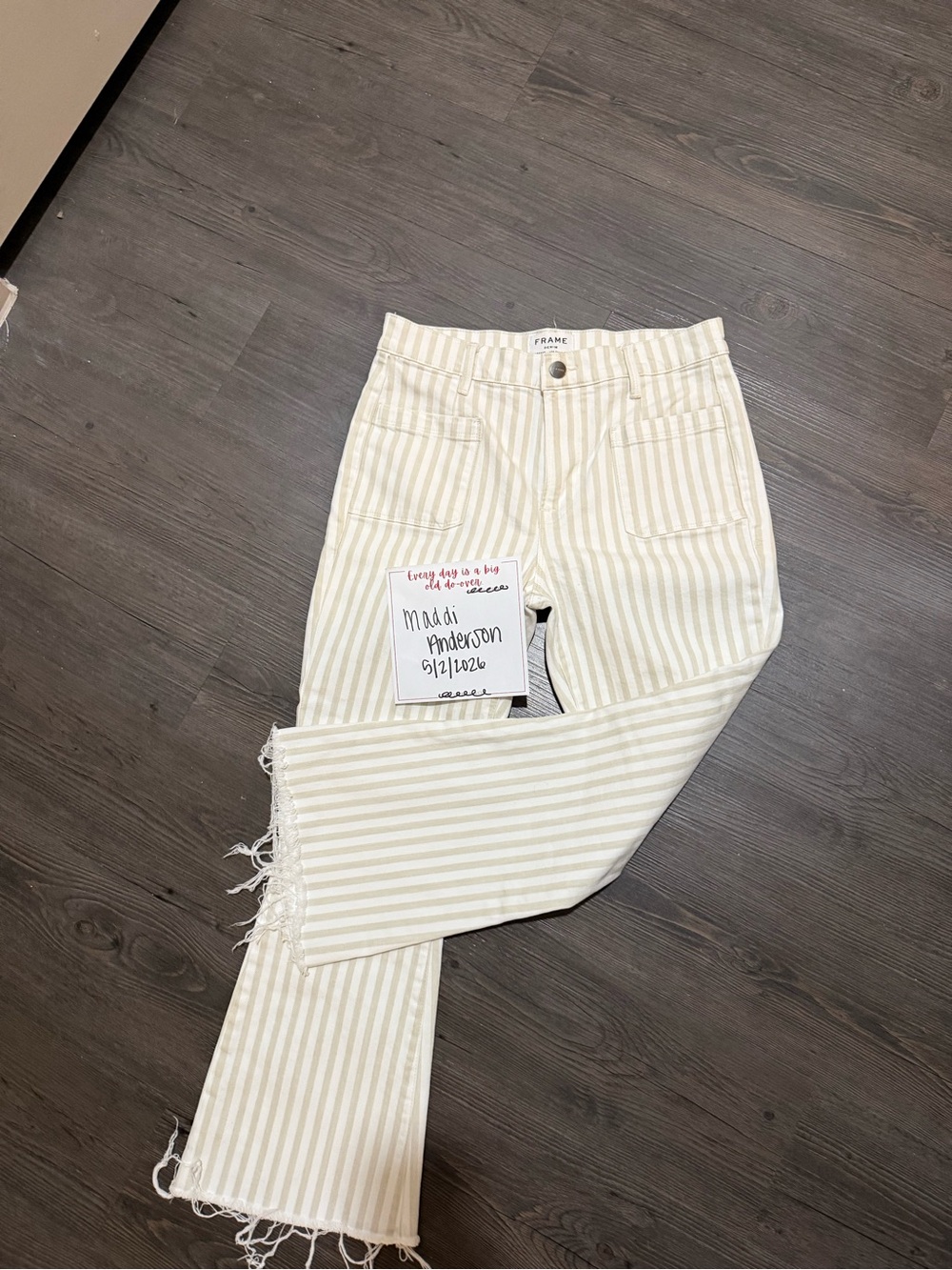 Frame Denim Cream and White Striped Wide Leg Jeans